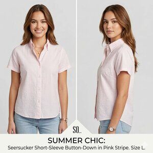 SO Pink and White Seersucker Striped Short Sleeve Button Down Shirt - Size Large
